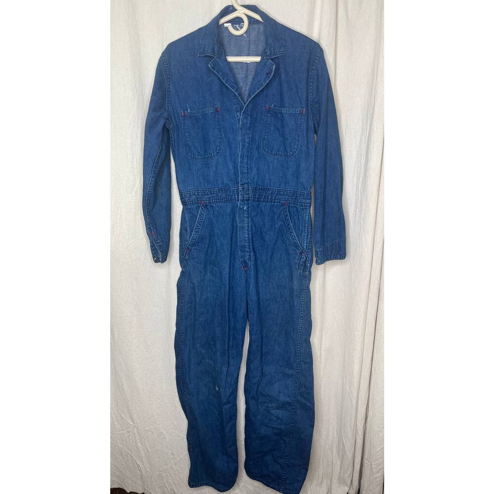 1950s Heavy Thick Distressed Denim Garage Grunge Coveralls Jumpsuit Work Wear M